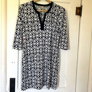 Banana Republic Geometric Abstract Diamonds Blue White Midi. Dress 3/4 Sleeves L